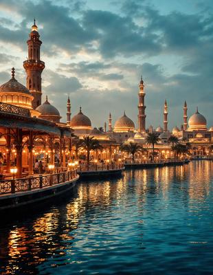 The primary subject of the image is a beautifully lit mosque with a large dome, surrounded by other buildings. The setting is a waterway with a bridge, and the visual style is a photo. The colors and mood of the image are warm and inviting, with the lights from the mosque and other buildings creating a serene atmosphere.